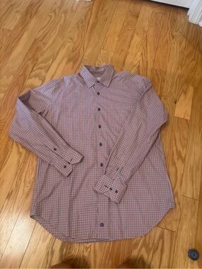 David Donahue Mens Dress Shirt Red Blue Check Long Sleeve | 100% Cotton